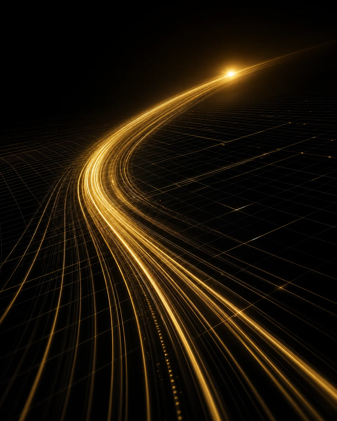 Gold light trail moving across a dark perspective grid