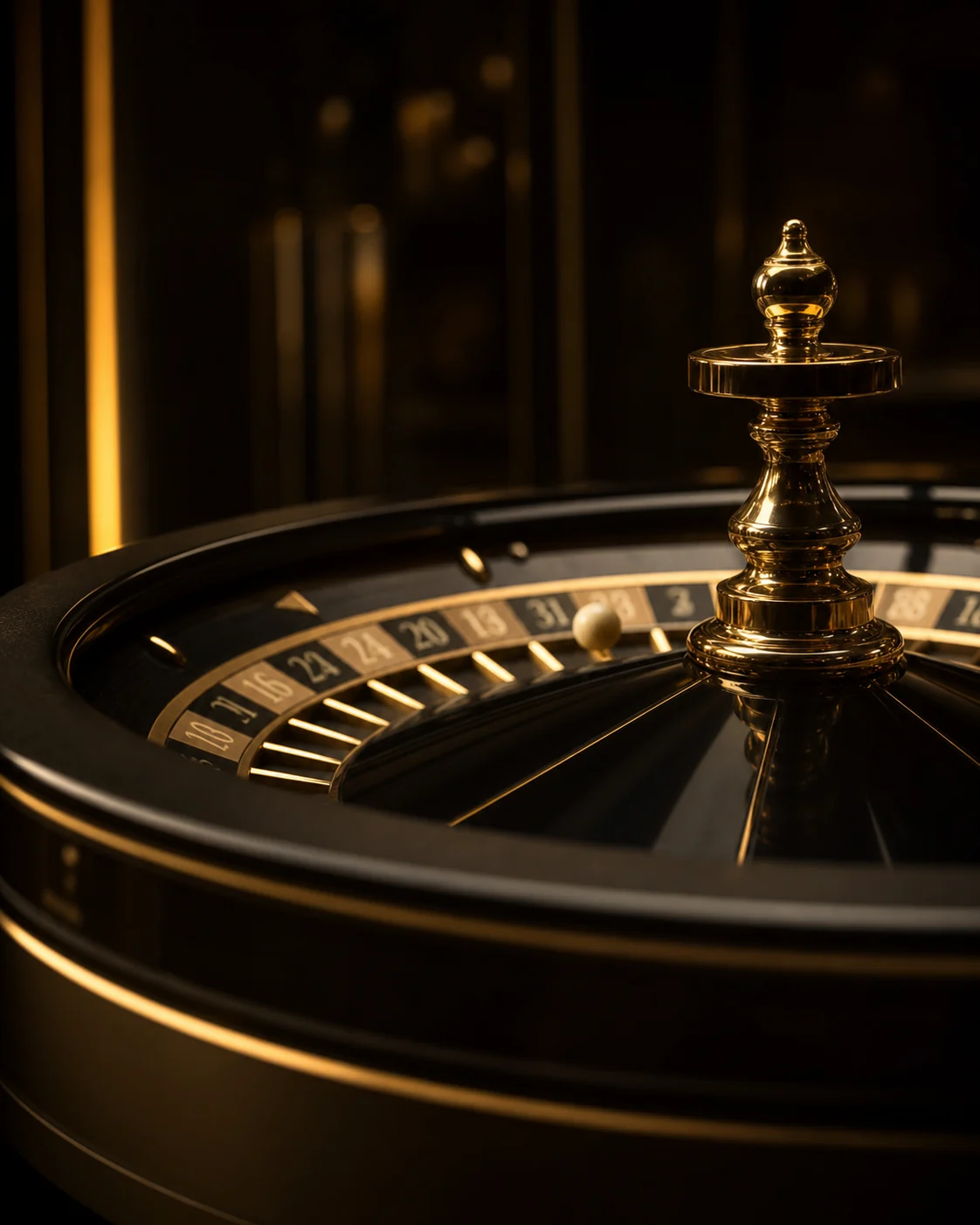 Gold roulette spindle on a dark roulette wheel
