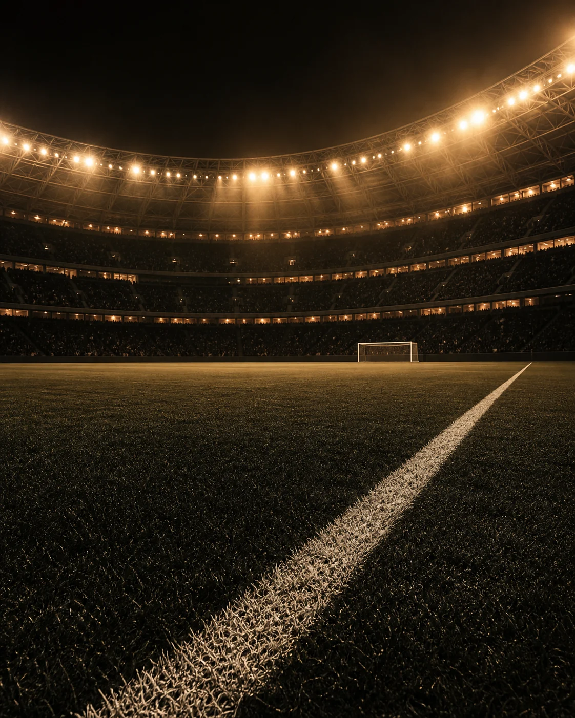 Football stadium touchline under warm floodlights