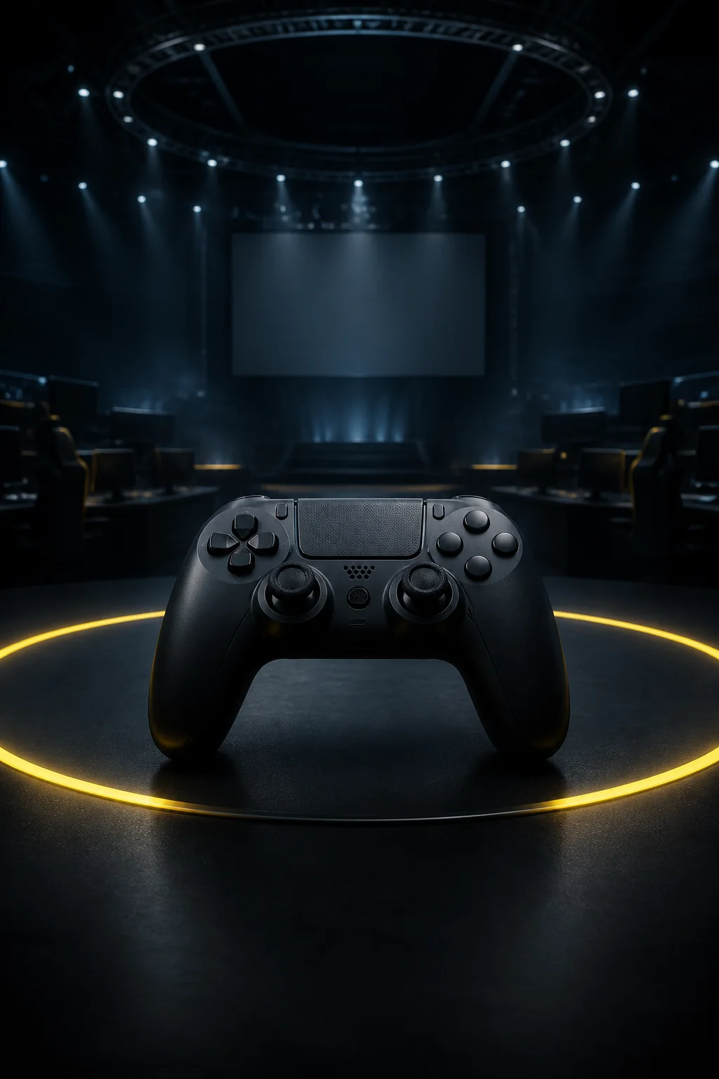 Black game controller in a cool blue arena with a yellow light ring