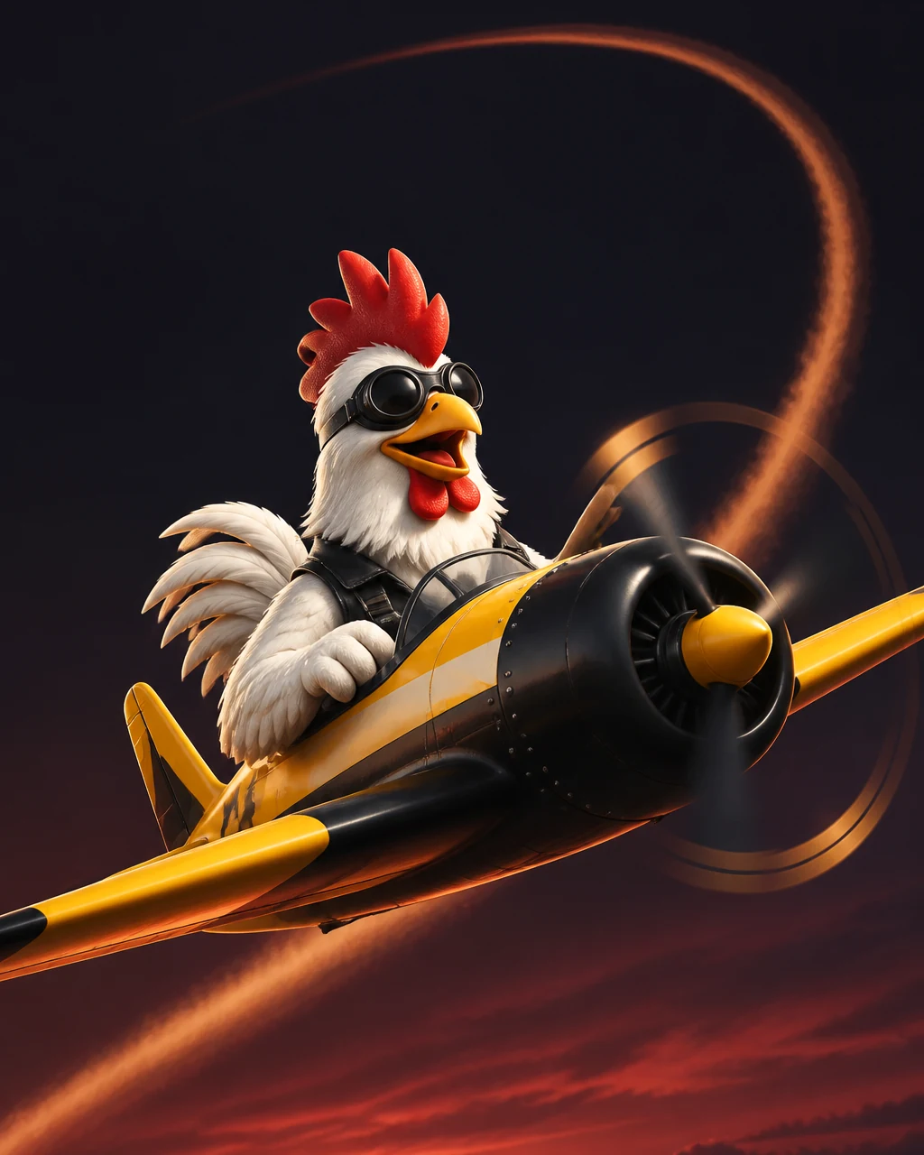 Playful white rooster aviator flying a yellow-and-black propeller plane