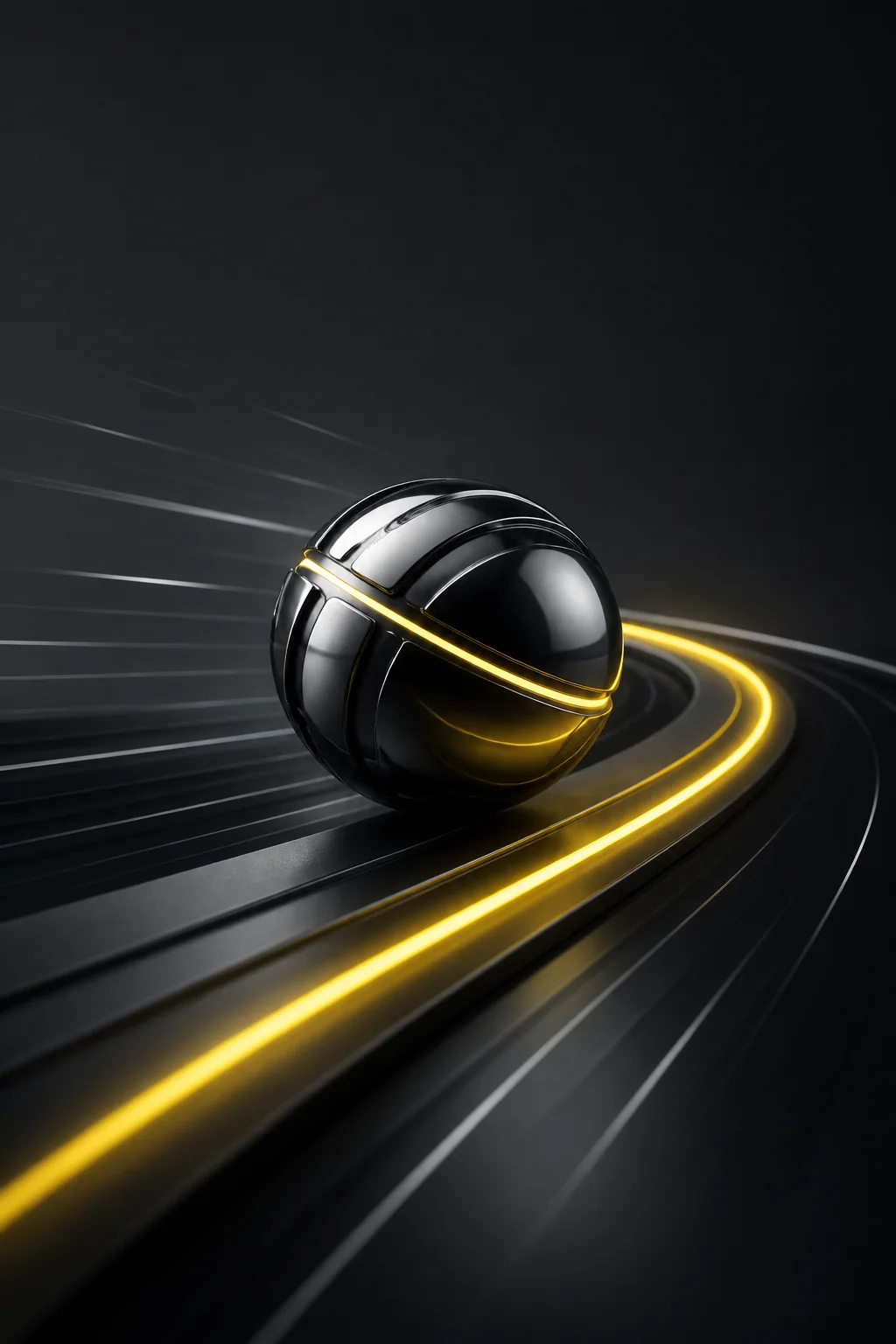 Black sphere racing along a graphite track with a yellow light trail