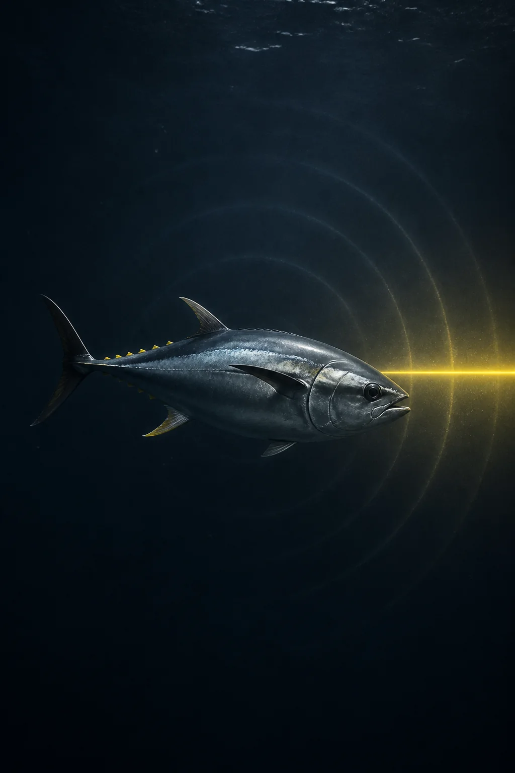 Silver-blue fish passing through a restrained yellow sonar beam