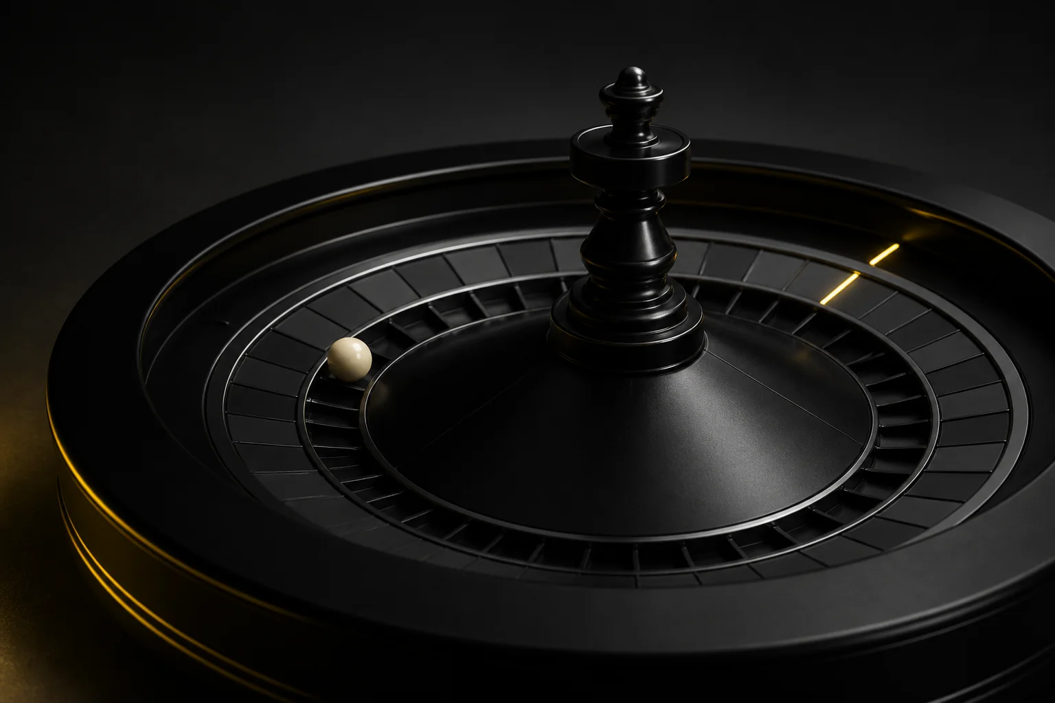 Matte-black roulette wheel with a restrained yellow light accent