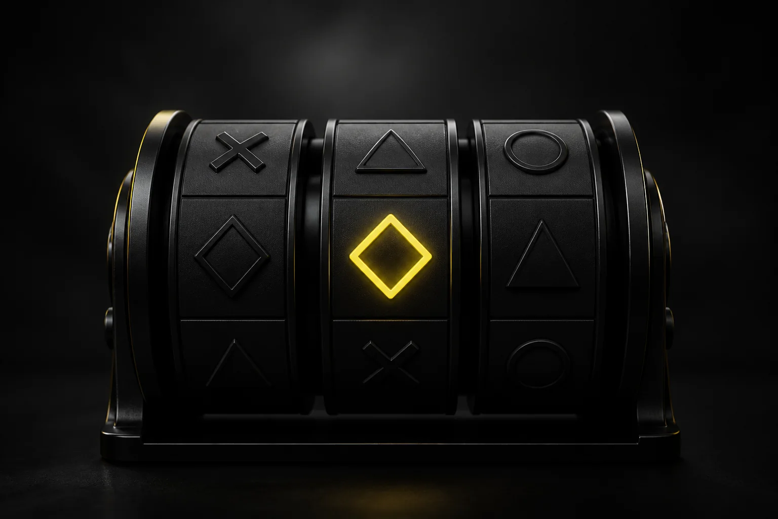 Minimal black slot reels with one illuminated yellow symbol