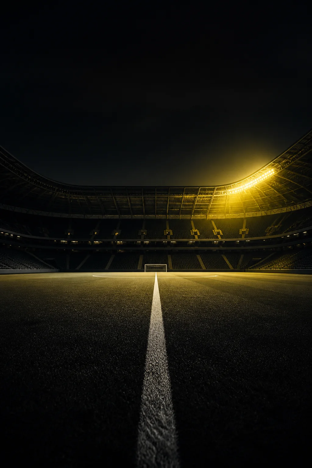 Dark football stadium with a bright centre line and yellow floodlight